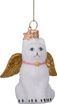 Ornament glass white cat w/gold wings H8cm