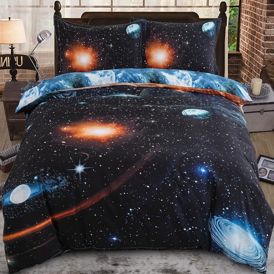 Galaxy Universe 2-delig beddengoed 135 x 200 cm, ademend, huidvriendelijk beddengoed, microvezel dekbedovertrek met ritssluiting en kussensloop 80 x 80 cm, zwart