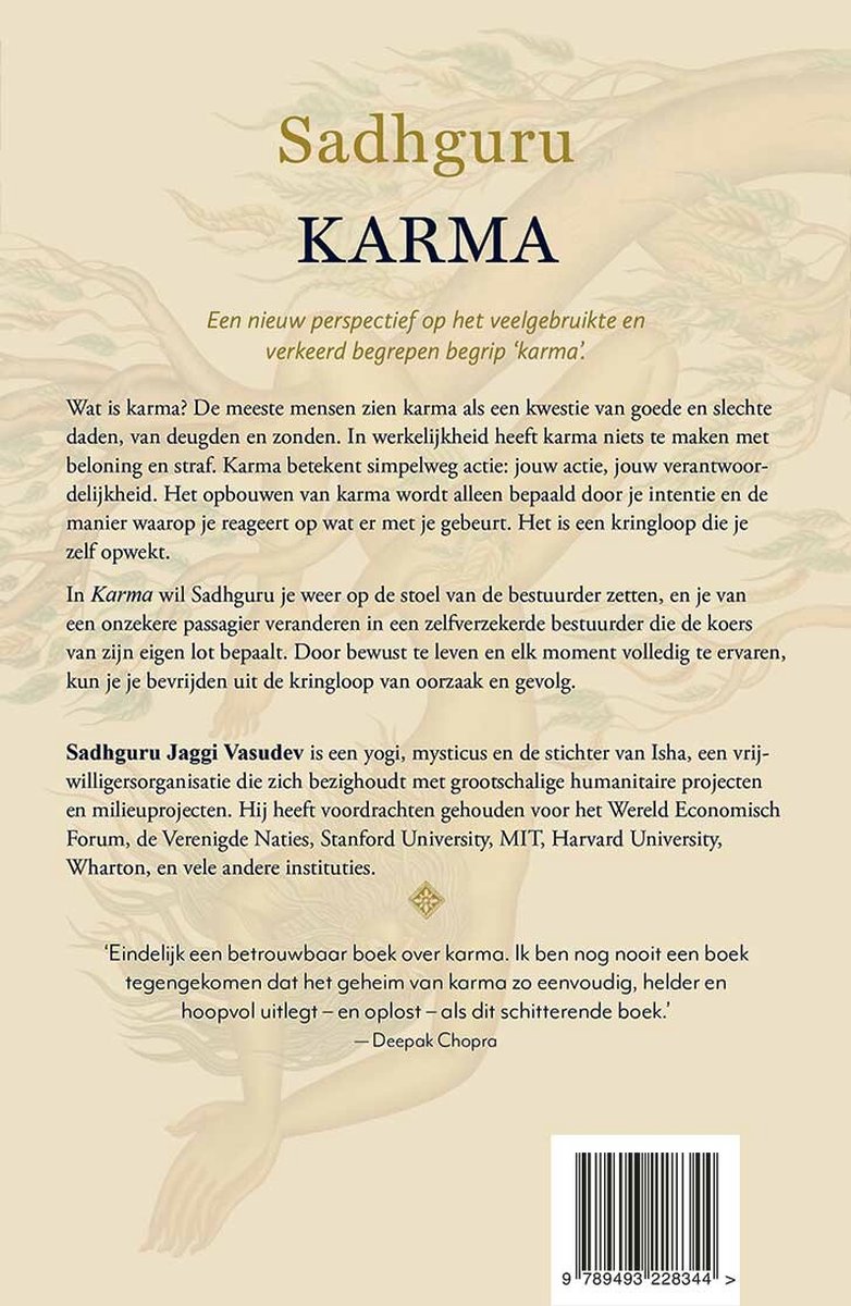 Achterkant van het boek Karma van Sadhguru, met tekst over de inhoud.