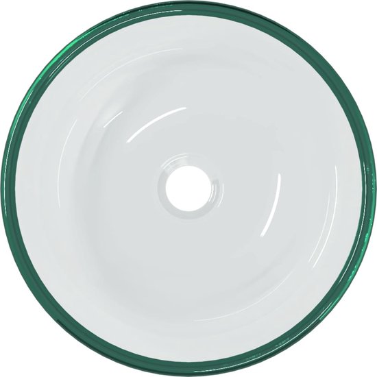 Lavabo en verre transparent avec un bord vert foncé.