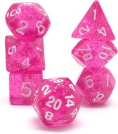 Starry Pink Roses | Polyset Dice | Dobbelstenen - Set Van 7 Stuks - Transparant Roze met Glitters en Witte Cijfers | Polydice | D&D en Rollenspellen | Plastic Dobbelstenen Set voor Dungeons and Dragons | Polyhedral Dice Set | Zwarte Velvet Dice Bag