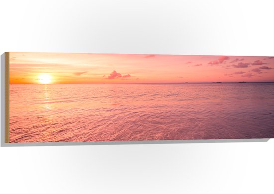 Hout - Zon Zakkend in de Zee onder Rozekleurige Lucht - 120x40 cm - 9 mm dik - Foto op Hout (Met Ophangsysteem)