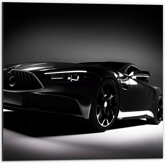 Dibond - Zwarte Auto in Grijs met Zwarte omgeving - 50x50 cm Foto op Aluminium (Met Ophangsysteem)
