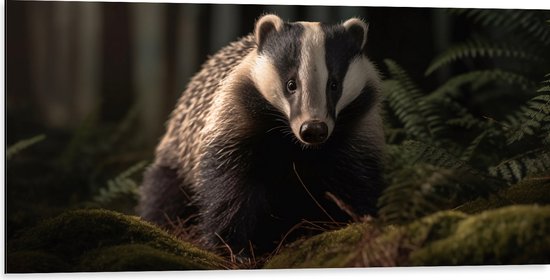 Dibond - Stinkdier Lopend over Mos in het Bos - 100x50 cm Foto op Aluminium (Met Ophangsysteem)