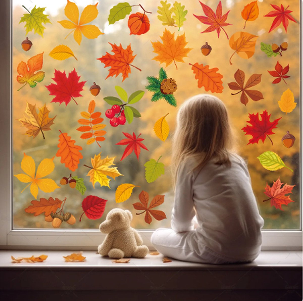 Muursticker Raamstickers Herfst / Autumn - Bladeren - Esdoorn blad - Eikels - Dennenappel | Bos Stickers | Raam Decoratie - Winkel - School - Peuterspeelzaal - Huis - Veranda- Kantoor | Herbruikbaar - Waterdicht - Verwijderbaar | DH collection