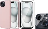 Hoesje geschikt voor iPhone 15 - Screenprotector FullGuard & Camera Lens Screen Protector - Back Cover Case SoftTouch Roze