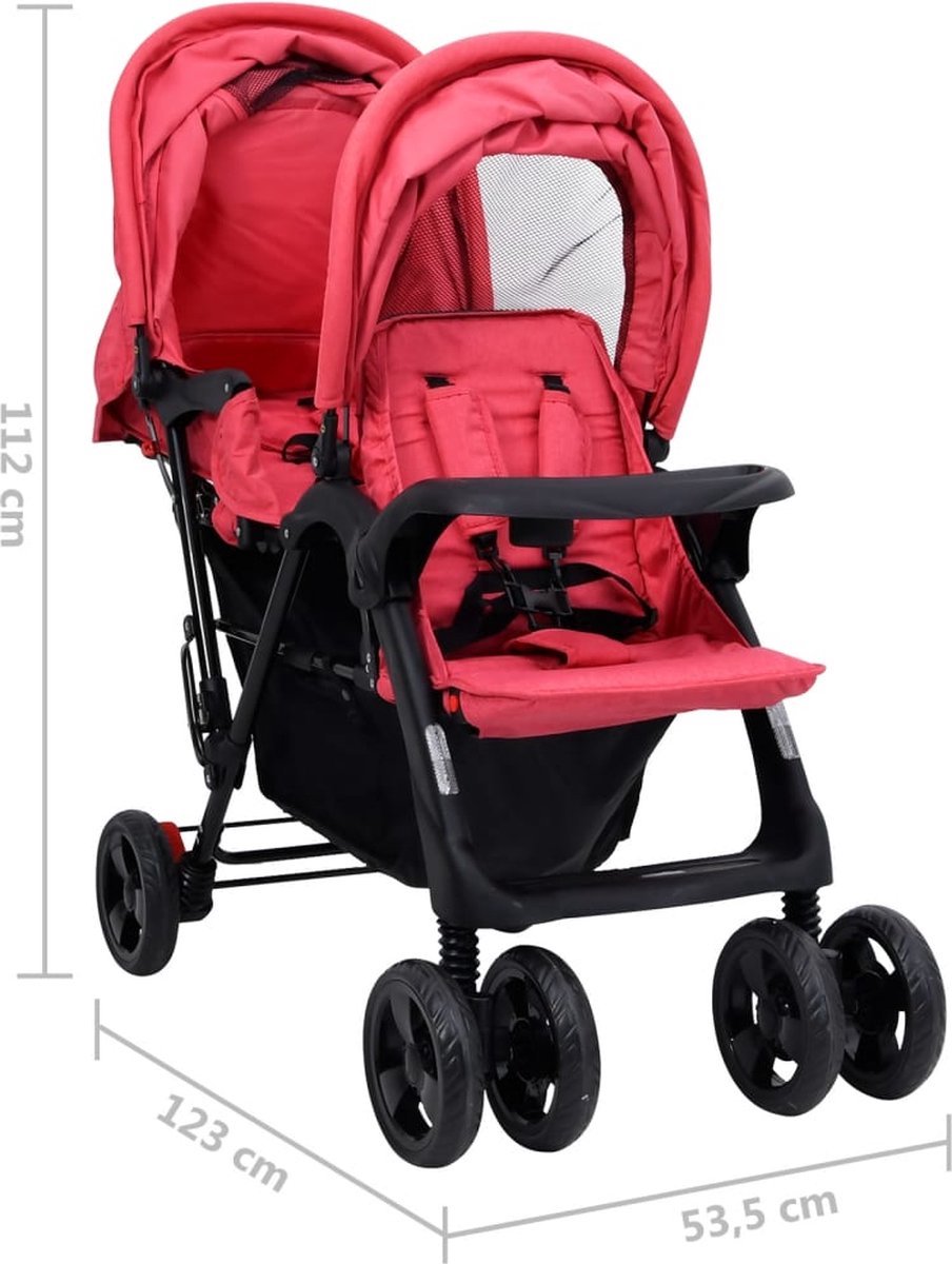 vidaXL Tandem Tweelingkinderwagen Rood - afbeelding 2