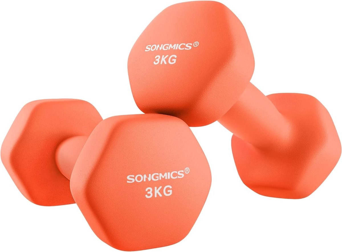 Set van 2 halters 2 x 3 kg Neopreen gecoate handgewichten Zhexagonaal Dumbbell Pair Home workout Fitness Training Oranje