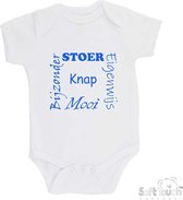 100% katoenen Romper "Stoer Eigenwijs Mooi Bijzonder Knap" Jongens Katoen Wit/blauw Maat 56/62