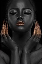 Allernieuwste.nl® Canvas Schilderij * Devote Afrikaanse Vrouw met 2 Gouden Handen * - Kunst aan je Muur - Zwart en Goud - 50 x 75 cm