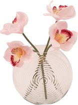 Glas vaas Discus model compleet met 4 stuks kunst orchidee takken Rose- rond en plat model- 15x16,5CM