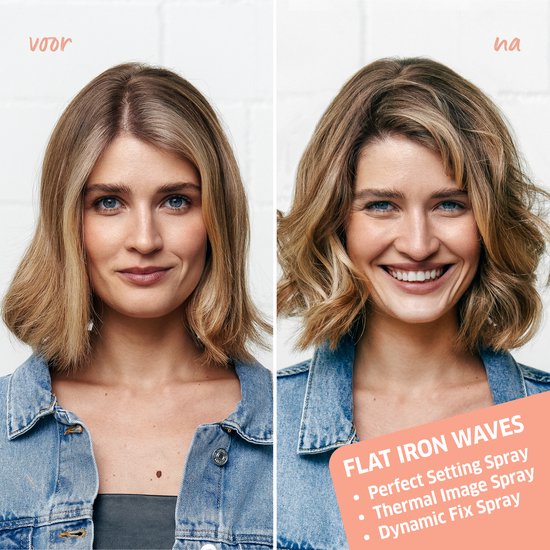 Vrouw met steil haar links, en golvend haar met volume rechts, met spuitbus.