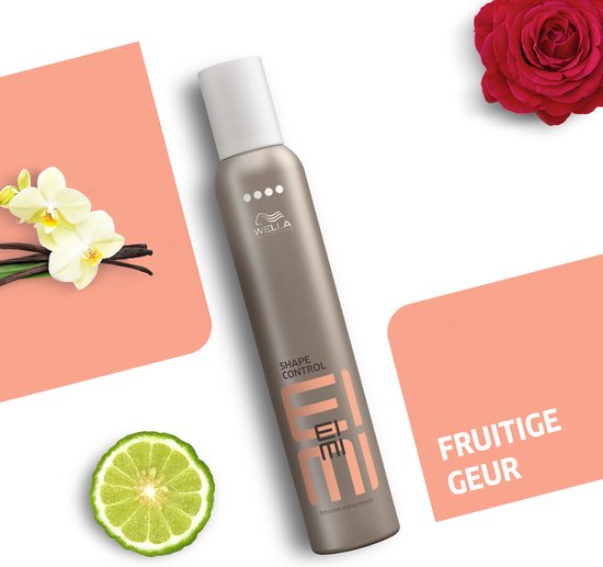 Een bruine Wella EIMI Shape Control spuitbus met een slice bergamot, vanille en rode roos.