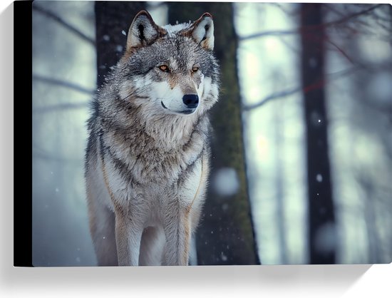 Canvas - Wolf staat in een bos in de sneeuw - 40x30 cm Foto op Canvas Schilderij (Wanddecoratie op Canvas)