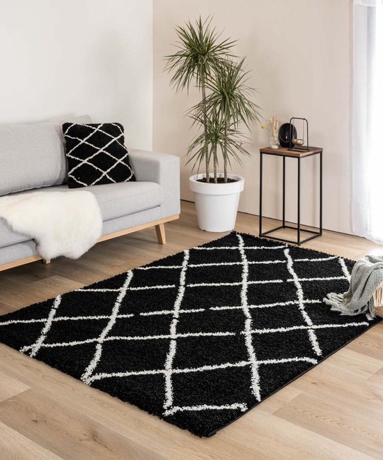 Hoogpolig vloerkleed ruiten Artisan - zwart/wit 300x400 cm