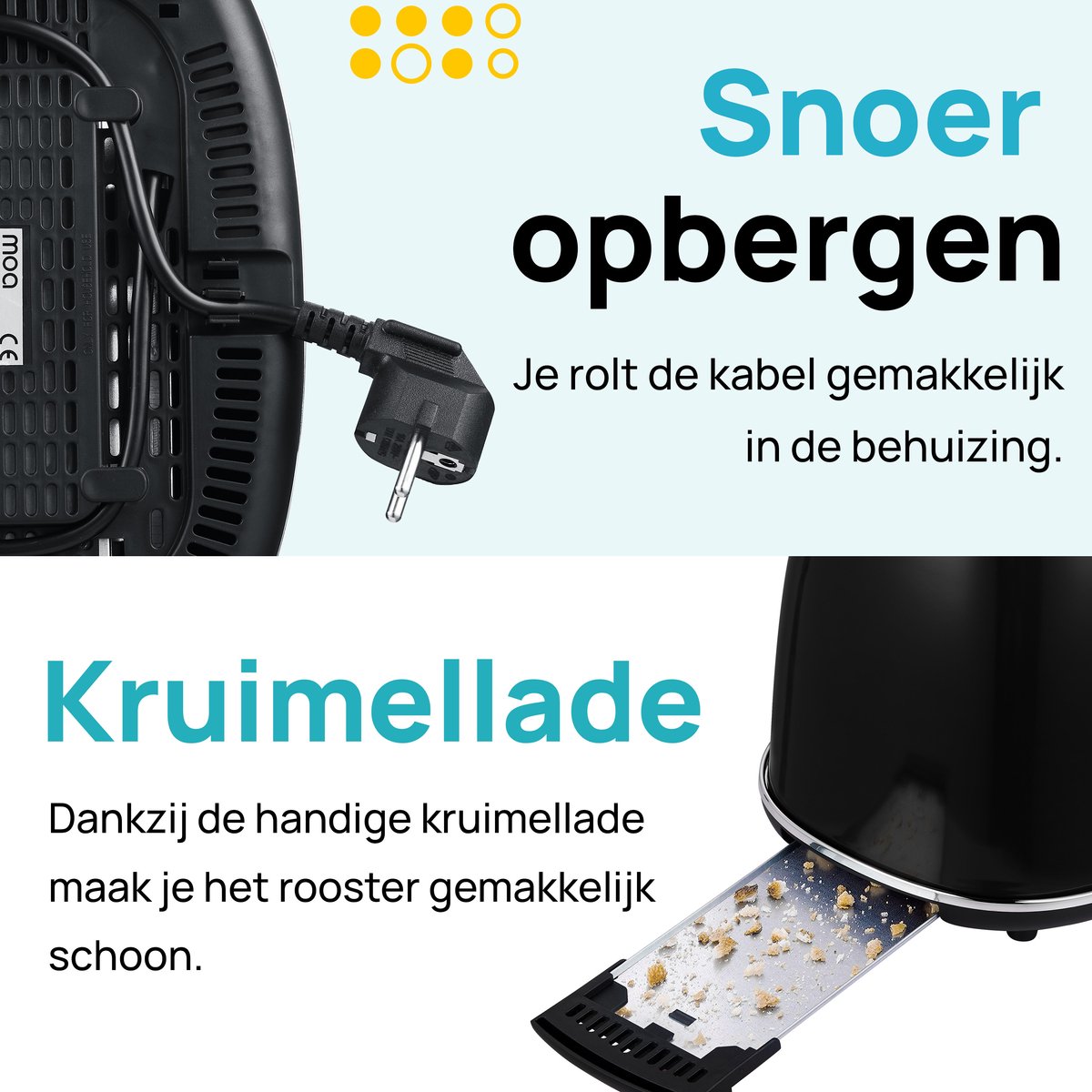 MOA Retro Broodrooster - Toaster met 2 Extra Bede Sleuven - 6 Warmteniveaus - BPA Vrij - 850W - Zwart thumbnail 5