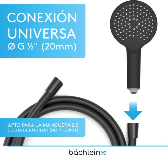 Pommeau de douche universel Bächlein - Pommeau de douche avec 3 types de jets, facile à changer grâce à un bouton poussoir pratique - Pommeau de douche rond noir mat - Douchette à main avec dimensions de raccordement standard G 1/2"