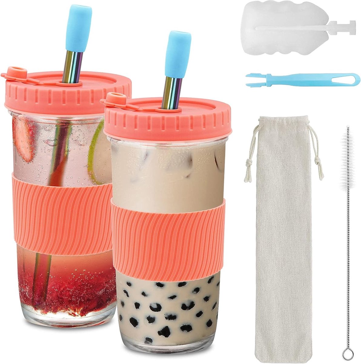 Goedkoopste 2 stuks roze Bubble Tea bekers met deksel en roestvrij stalen rietje, 730 ml, drinkglas met rietje, herbruikbare Mason Jars voor milkshakes, sappen, smoothies, bier
