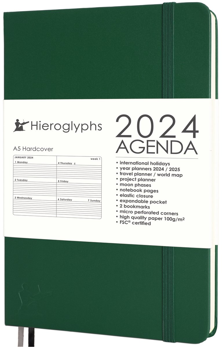 Hieroglyphs Agenda 2024 A5 - 1 Week per 2 pagina's - Harde kaft - Elastiek - Opbergvak - 2 Bladwijzers - Weekagenda - Groen - Forest Green