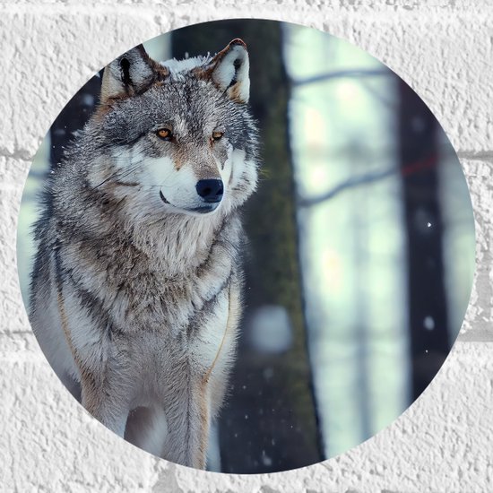 Muursticker Cirkel - Wolf staat in een bos in de sneeuw - 20x20 cm Foto op Muursticker