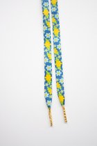 Schoenveters plat - bloemen blauw met geel - 120cm met gouden nestels veters voor wandelschoenen, werkschoenen en meer