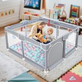 Babybox, voor binnen en buiten kinderactiviteiten, speelbox met antislipbasis voor kinderen, stevig en veilig speelpark met superzachte en ademende netstof, kinderhek voor baby's en peuters (grijs), (125 x 150 cm)