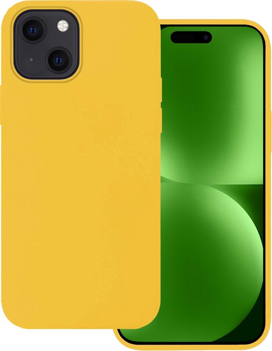 Gele hoes voor iPhone 15, naast een iPhone met groen scherm.