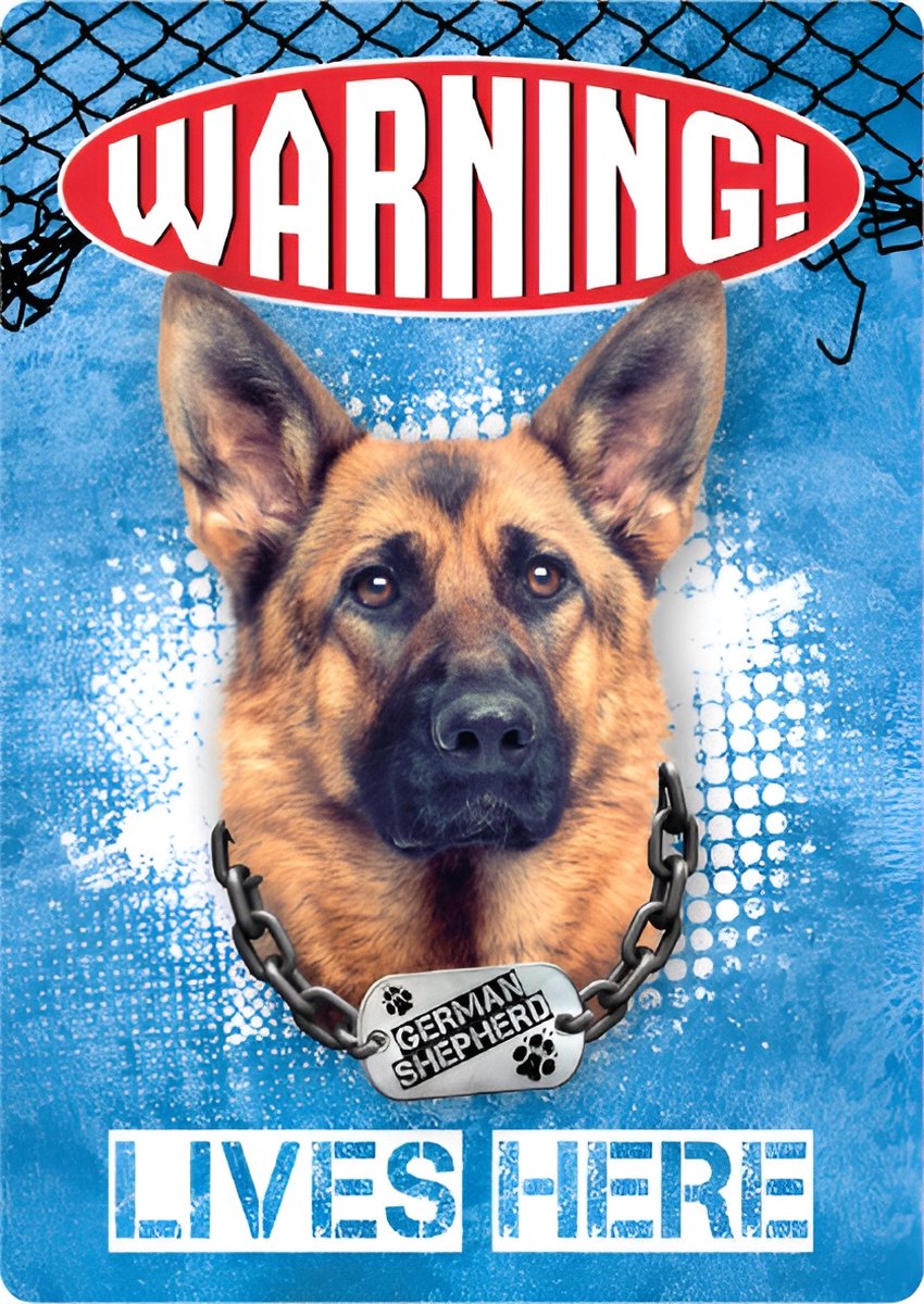 Plenty Gifts - Geïllustreerd Blikken Bord | 'Warning! A German Shepherd Lives Here' | 21x14.8 cm | Wanddecoratie voor binnen en buiten