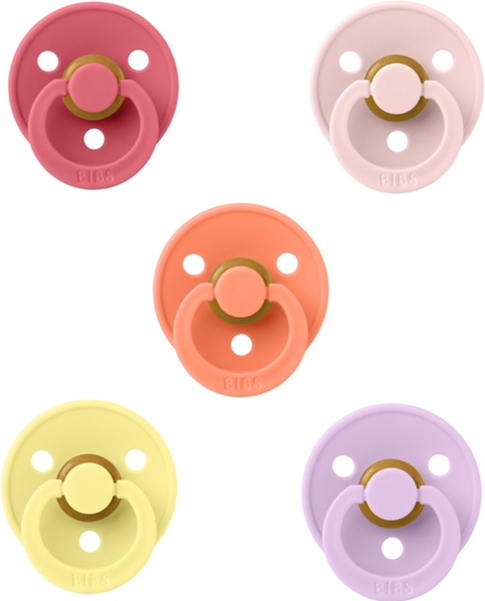Goedkoopste Bibs fopspenen 0-6 maand set 5 stuks Sunshine,Papaya,Blossom,Violet Sky en Coral maat 1