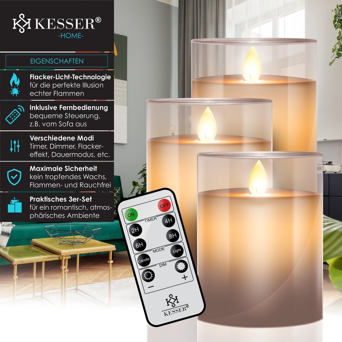 Kesser Oplaadbare LED Kaarsen Set van 3 Kaarsen met Afstandsbediening Timer Dimmer LED Waxinelichtje met bewegende Vlam flikkerend LED Waxinekaarsjes Glas Deco 10cm 12 5cm 15cm Kaarjes Doorzichtig
