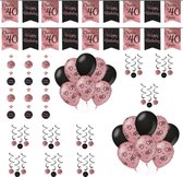 Verjaardag Versiering Pakket 40 Jaar - Zwart - Roze - 14 Stuks - Versiering - Decoratie - Feestpakket - Leeftijden - Slinger - Ballonnen - Hangdecoratie - Swirls