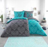 Microvezel partner beddengoed met omkeerbaar motief | 2x 135x200 dekbedovertrek + 2x 80 x 80 kussensloop | microvezel beddengoedset 4-delig voor koppels | Design: Ornaments Hearts Turquoise