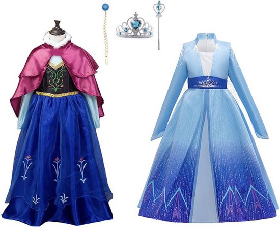 6-Pack - Prinsessen jurk meisje - 2 x Blauwe jurk - Elsa jurk - Anna jurk - Het Betere Merk - Carnavalskleding kinderen - Prinsessen Verkleedkleding - 104/110 (110) - Cadeau meisje - Prinsessen speelgoed - Verjaardag meisje - Kleed