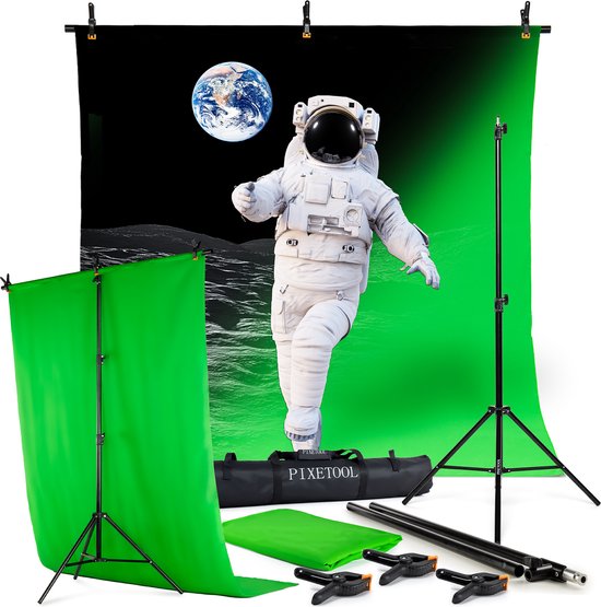 Pixetool - Green Screen Doek 260 x 150cm met achtergrondsysteem 2,6 x 1,5m - Achtergronddoek - Fotostudio - Green Screen Studio - Inclusief 3 klemmen