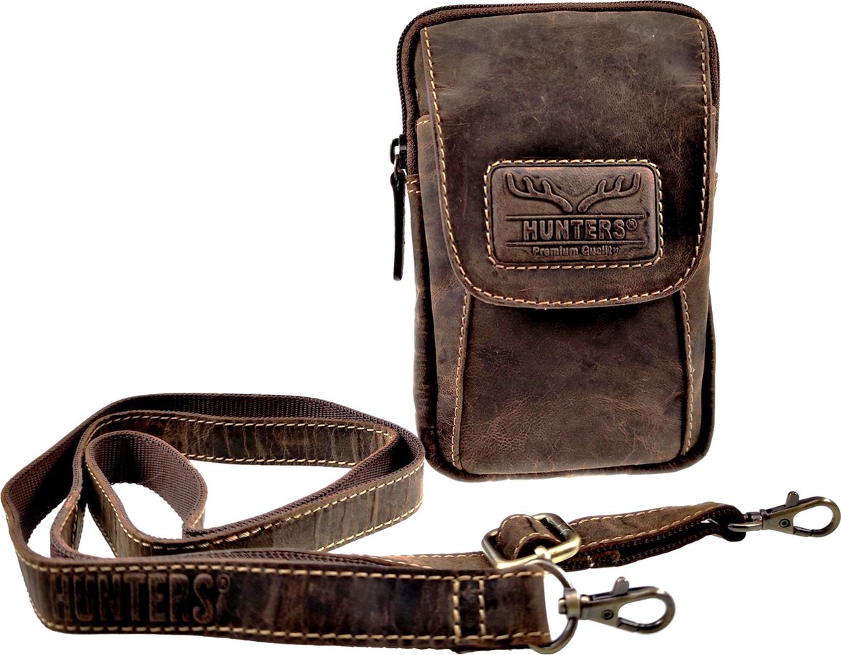 Heuptas - Unisex - Hunters Telefoontasje - Riemtasje - Bruin Buffelleer Tas