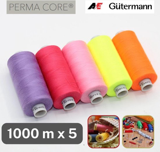 LOT van 5 Bobijntjes POLYESTER GAREN van Hoge Kwaliteit GUTERMANN PERMACORE (Professionele Kwaliteit) 5 x 1000 Meter, MIX4