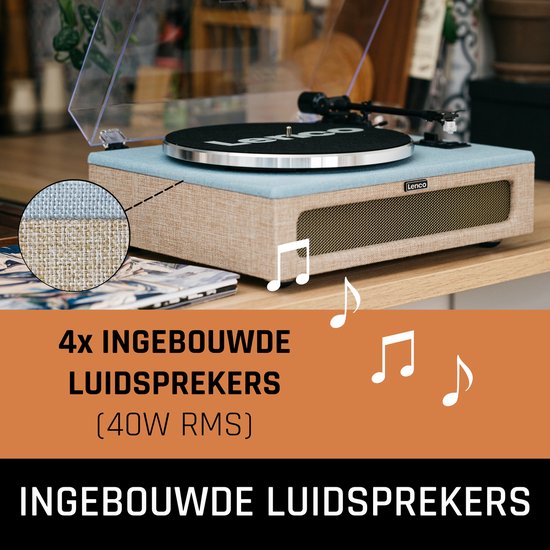 Lenco platenspeler met blauwe stof en gele speakergrille. Er worden muzieknoten getoond. Tekst "4x ingebouwde luidsprekers (40W RMS)".