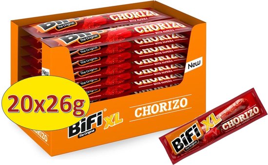 Bifi XL Chorizo met paprika, 20 verpakkingen van 26g.