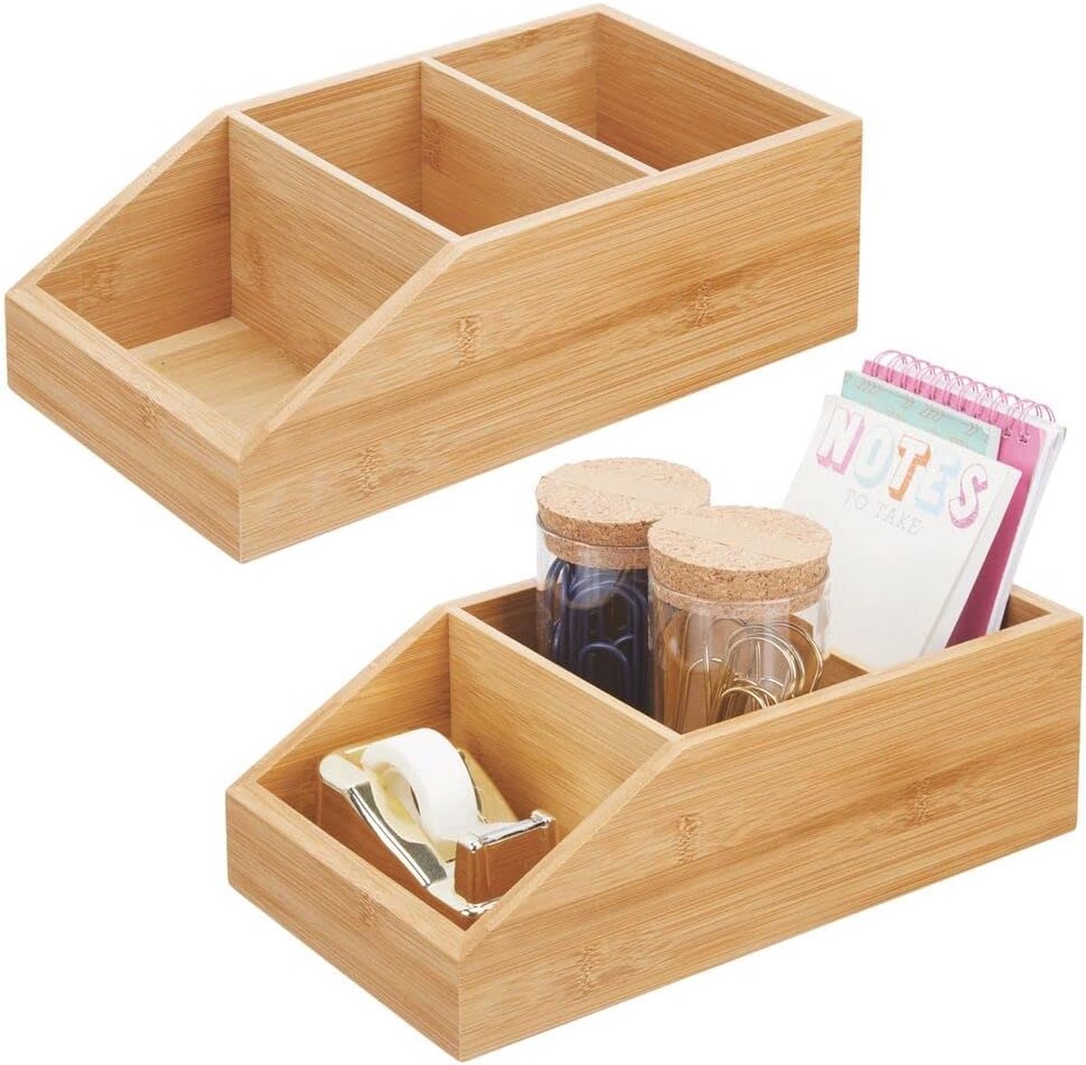 Set van 2 grote openingen uit bamboe, open bamboe doos met 3 vensters op kantoor, duurzame doos voor mededelingen, paperclips, plakstrips enz. - natuurlijke kleine dingen