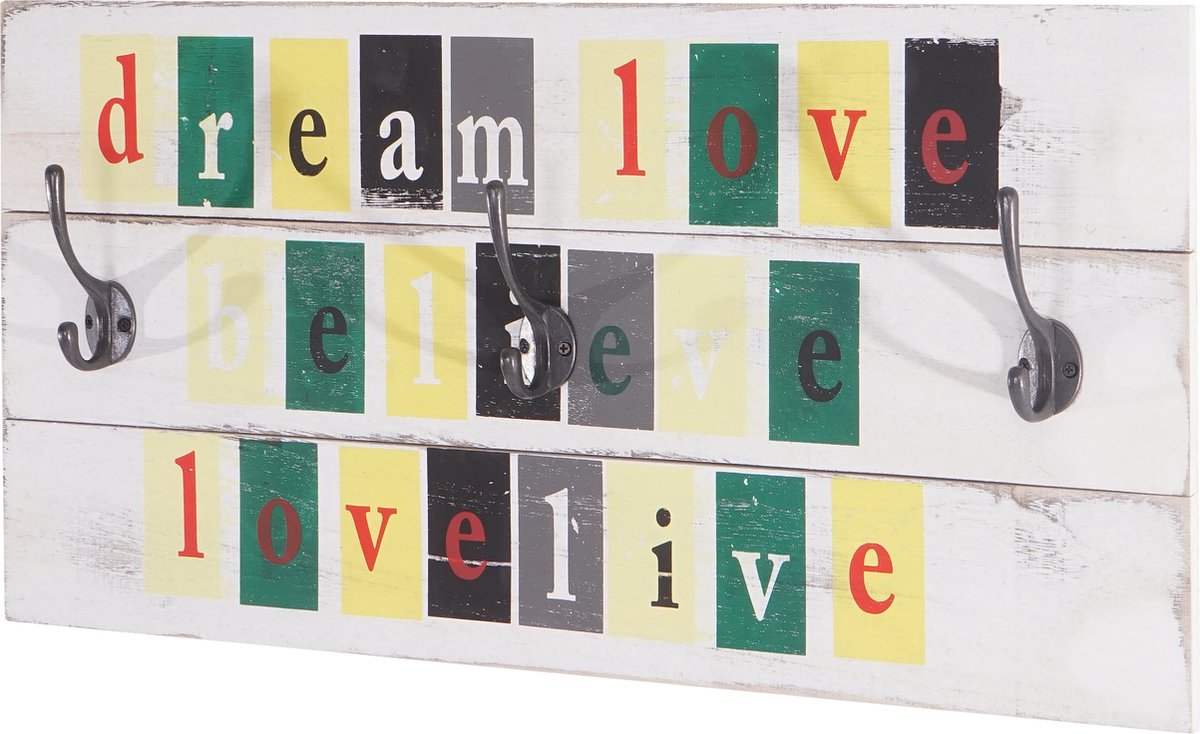 MCW Wandkapstok Love-Life, kapstok paneel, shabby-look vintage met 3 haken 30x60cm Veelkleurig