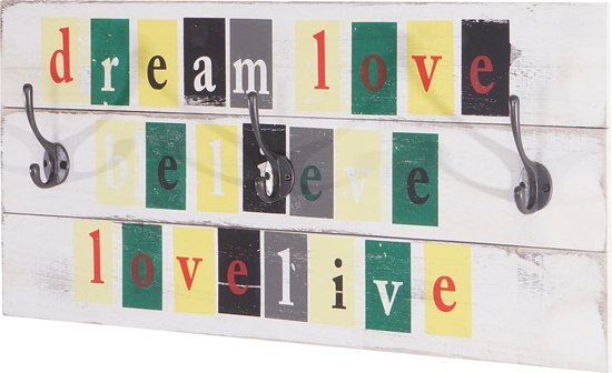 Wandkapstok Love-Life, kapstok paneel, shabby-look vintage met 3 haken 30x60cm