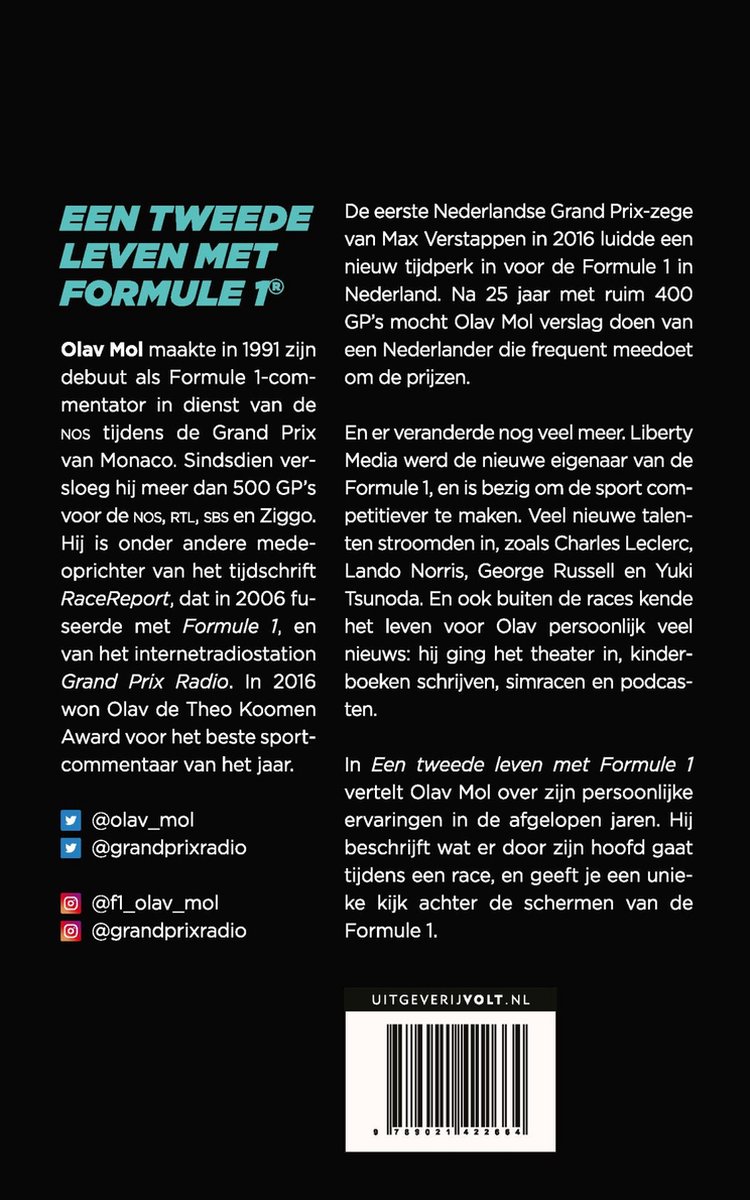 Boekomslag Een tweede leven met Formule 1 met tekst en een barcode.