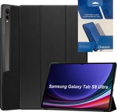 Tablethoes en Screenprotector geschikt voor Samsung Galaxy Tab S9 Ultra (2023) - Tri-fold hoes met Auto/Wake functie en Magnetische sluiting - Zwart