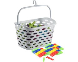 Plasticforte Wasknijpers ophang mandje/bakje - wit - met 72x plastic knijpers