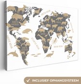Canvas Wereldkaart - 30x20 - Wanddecoratie Wereldkaart - Grijs - Dieren