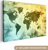 Canvas Wereldkaart - 60x40 - Wanddecoratie Wereldkaart - Blauw - Geel