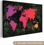 Canvas Wereldkaart - 90x60 - Wanddecoratie Wereldkaart - Kleuren - Planten