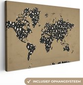Canvas Wereldkaart - 60x40 - Wanddecoratie Wereldkaart - Cijfers - Bruin