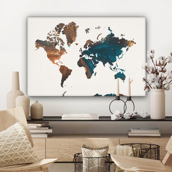 Wereldkaart en peinture bleu foncé et orange sur fond rose 180x120 cm