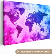 Canvas Wereldkaart - 60x40 - Wanddecoratie Wereldkaart - Roze - Paars